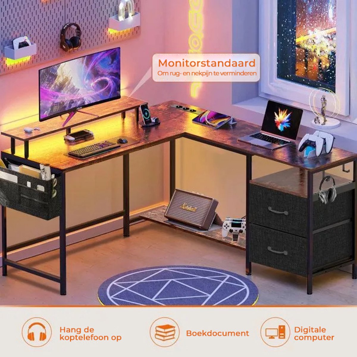 Mihtrov Gaming Bureau met LED Verlichting - L-Vormig Game Bureau met Stopcontact - 2 Non Woven Lade