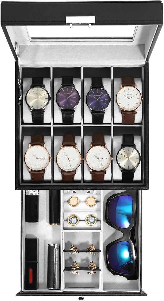 Uten Luxe Sieraden Brillen Doos - Zonnebrillen Opbergdoos - Horlogebox - Sieradendoos - 2 Brillen - 8 Horloges - Brillen-Ketting-Ring-Oorbellen- Horloge - Mannen Heren - Grijs