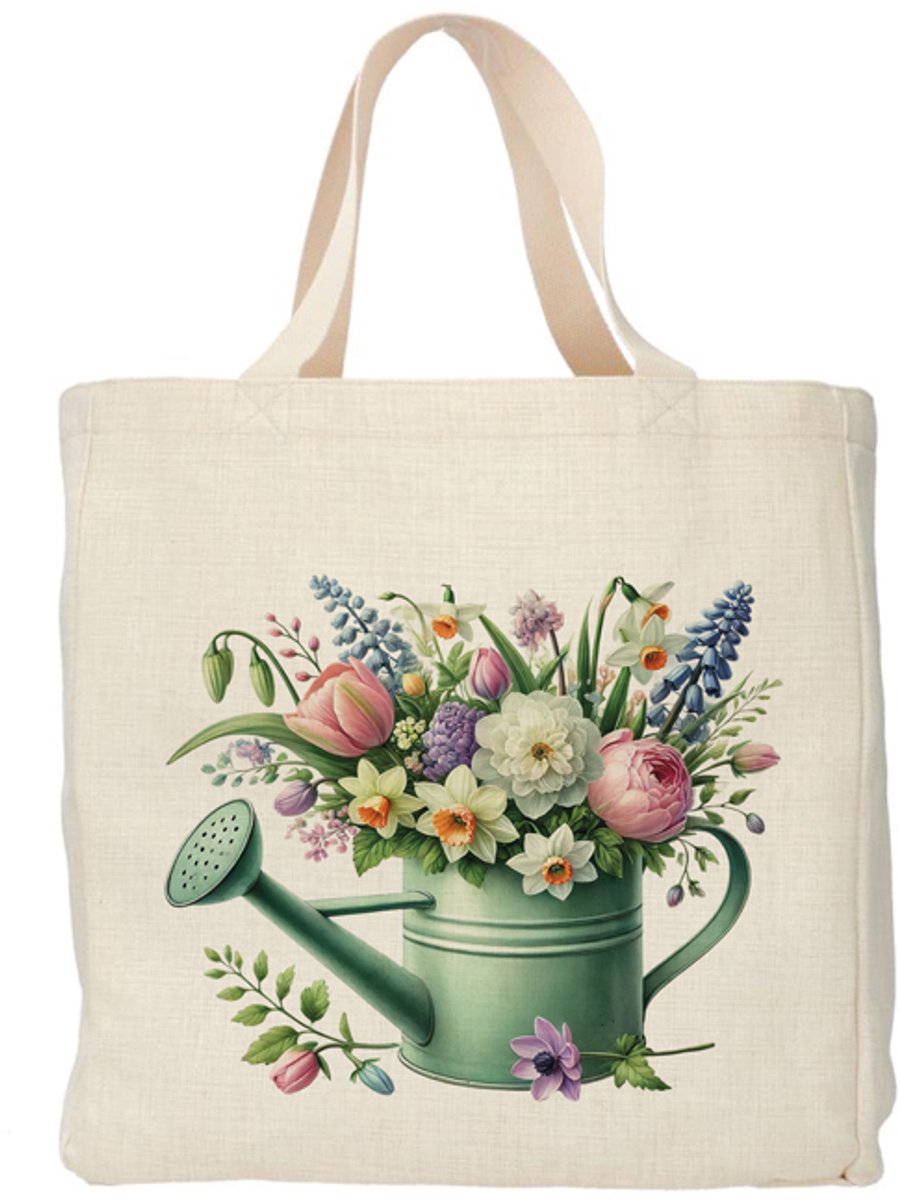 Shopper - Totebag - Boodschappentas | Bloemen - Gieter | Duurzaam - Linnenlook - 48x38cm