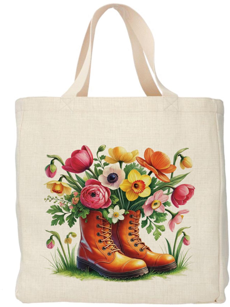 Shopper - Totebag - Boodschappentas | Bloemen - Boots | Duurzaam - Linnenlook - 48x38cm