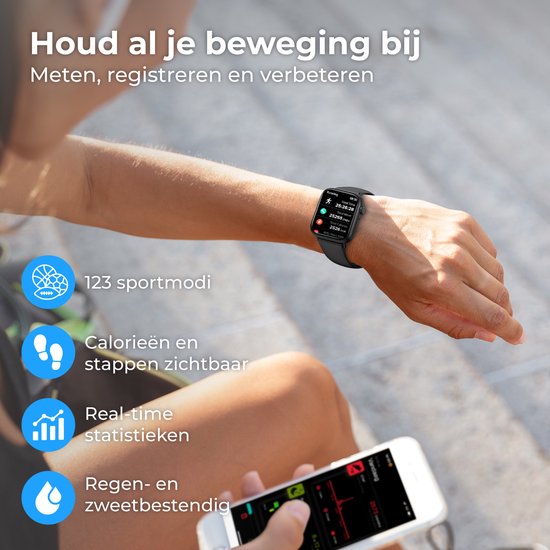 The Life Style Goods - Montre connectée pour femmes/hommes - Moniteur de fréquence cardiaque et podomètre - Android/IOS - Étanche - Zwart