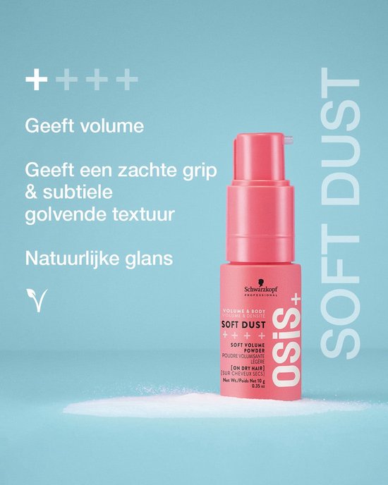 Coral Schwarzkopf OSiS+ Soft Dust volume poeder in een pompflacon op een blauwe achtergrond, met Nederlandse tekst.