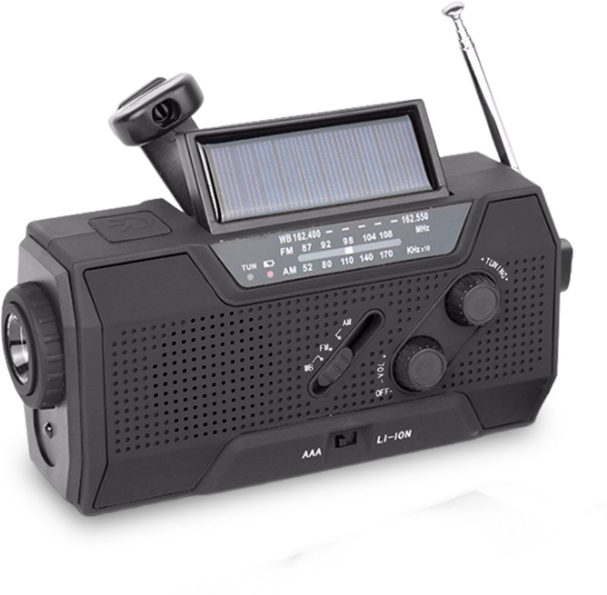 Proun Noodradio - met Powerbank op Zonneenergie - 4.000mAh - Solar opwindbaar - Noodpakket met SOS-signalering - Zaklamp - Draagbare Radio op Batterijen - Zwart - Denk vooruit