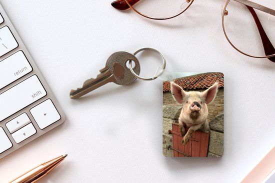 Porte-clés Cochon - Porte-clés cochon rose en plastique - Porte-clés rectangulaire avec photo