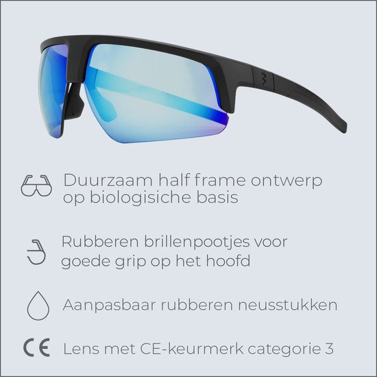 Mat zwart montuur, biologische basis. Rubberen pootjes en neusstukken. Blauwe lens, CE-categorie 3.