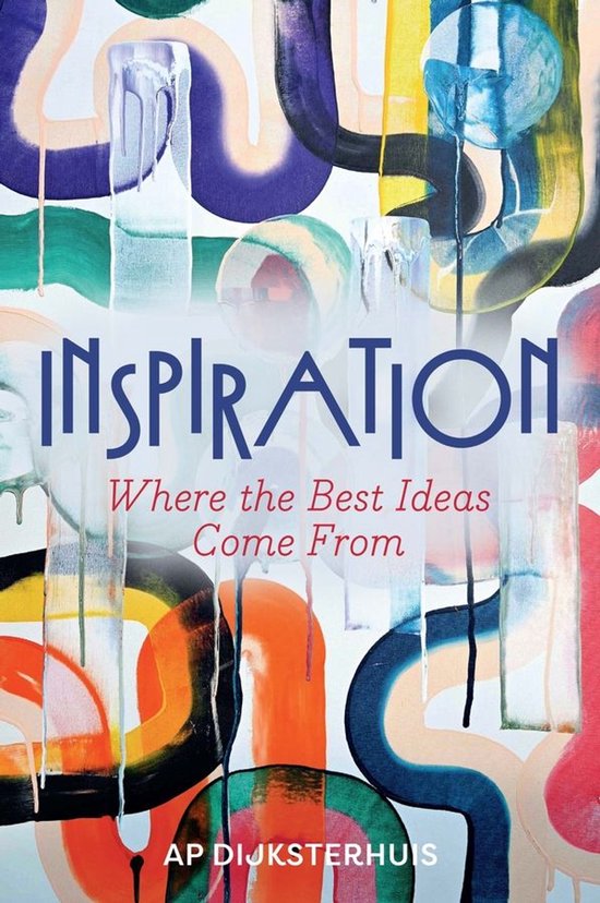 Boek 'Inspiration', met abstracte, kleurrijke verfstrepen en druppels op een witte achtergrond. De titel is in blauwe letters.