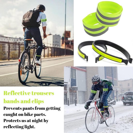 LXUEJIE 8 stuks fietsbroekclips, reflecterende broekklem voor fiets en reflecterende band, broekbescherming fiets met reflecterende strepen, veiligheidsreflectoren, kleding voor fietsen, joggen