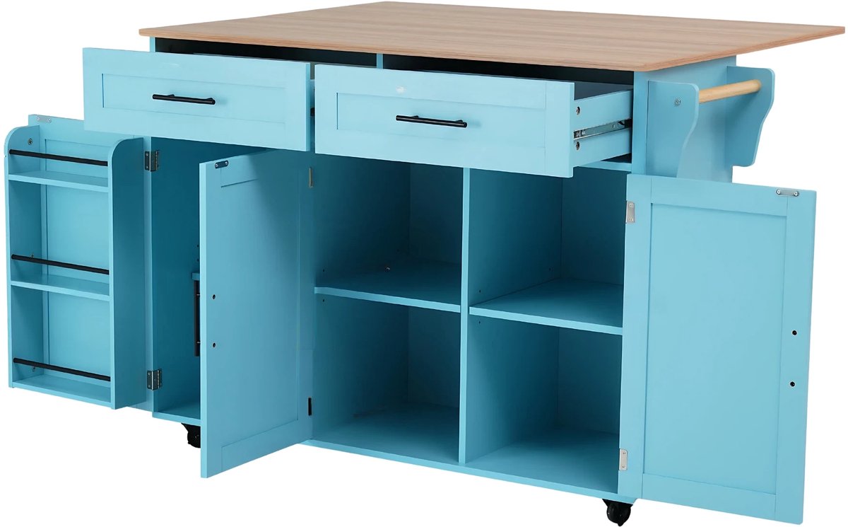 Eetkar - Keukenkast - Dinerdressoir - Aanrecht - Voor Keuken of Eetkamer - Uitschuifbaar & Stijlvol Opbergen - Wit Marmer & Kaki Grijs Hout
