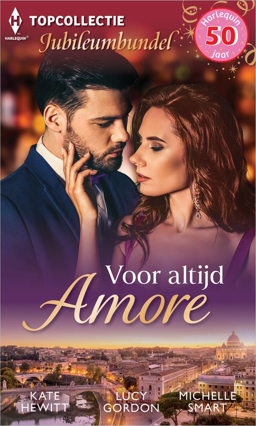 Jubileumbundel: Een man en vrouw staan dicht bij elkaar, met Rome op de achtergrond. 'Voor altijd Amore'.