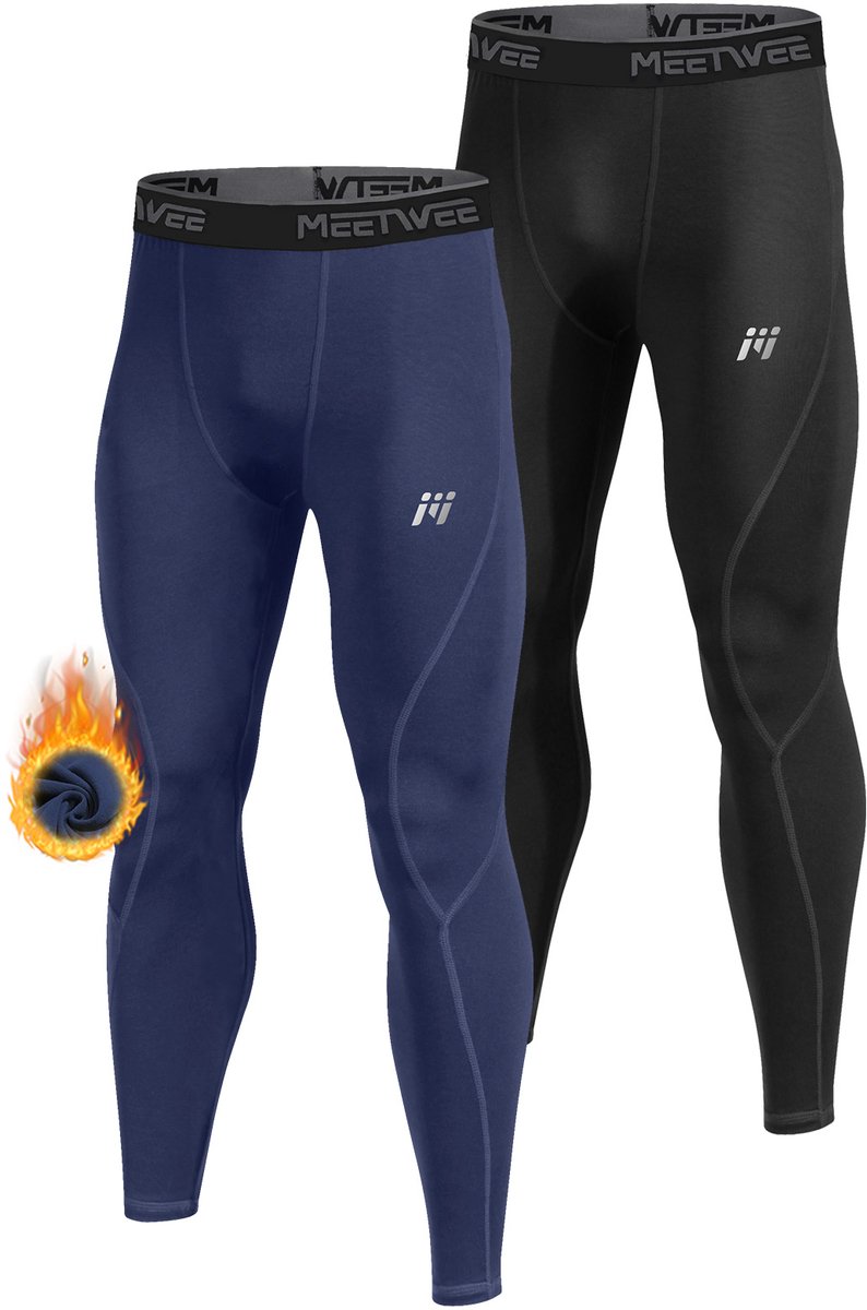 MEETHOO 2 Stuks/setThermische Compressieleggings Voor Heren - Vochtafvoerende, Zweetabsorberende Leggingbroek Ideaal Voor Fitness En Hardlopen, Elastische Polyestermix, Machinewasbaar-ZWART+BLAUW-S