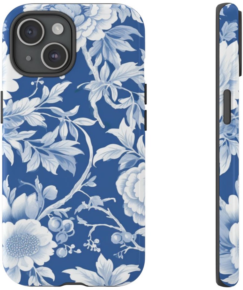 Blauw-Wit Bloemenpatroon – Telefoonhoesje Geschikt voor iPhone 15