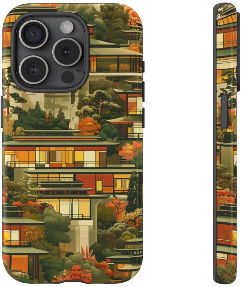 Herfstlandschap met Moderne Architectuur – Telefoonhoesje Geschikt voor iPhone 15 Pro