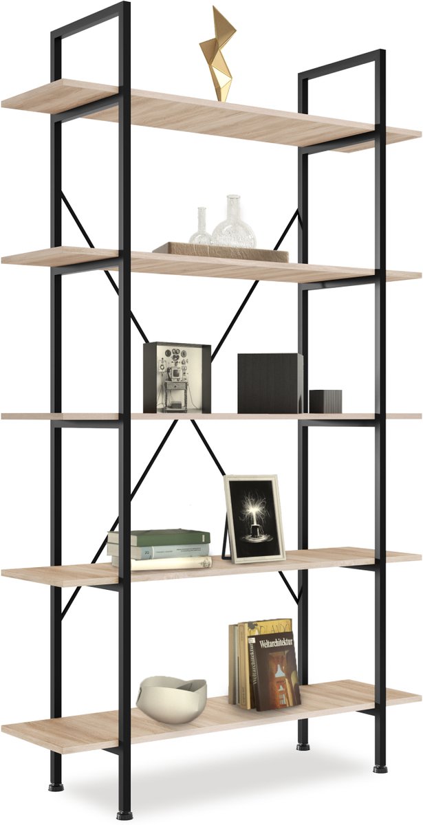 tectake® - Boekenkast met 5 planken - Rek voor boeken, ornamenten, bloemen, CD's, foto's - Vintage ontwerp van hout en metaal - lichtbruin
