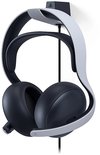 Zwarte headset met witte hoofdband, hangend aan een zwarte houder.