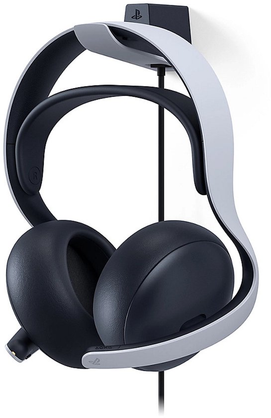 Zwarte headset met witte hoofdband, hangend aan een zwarte houder.