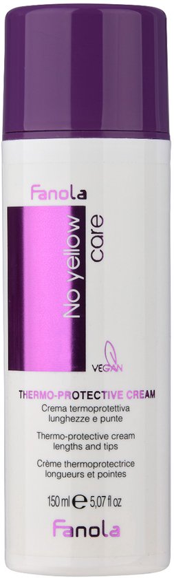 Fles met paarse dop, witte body met paarse verticale streep en tekst 'No yellow care'. Thermoprotective cream.
