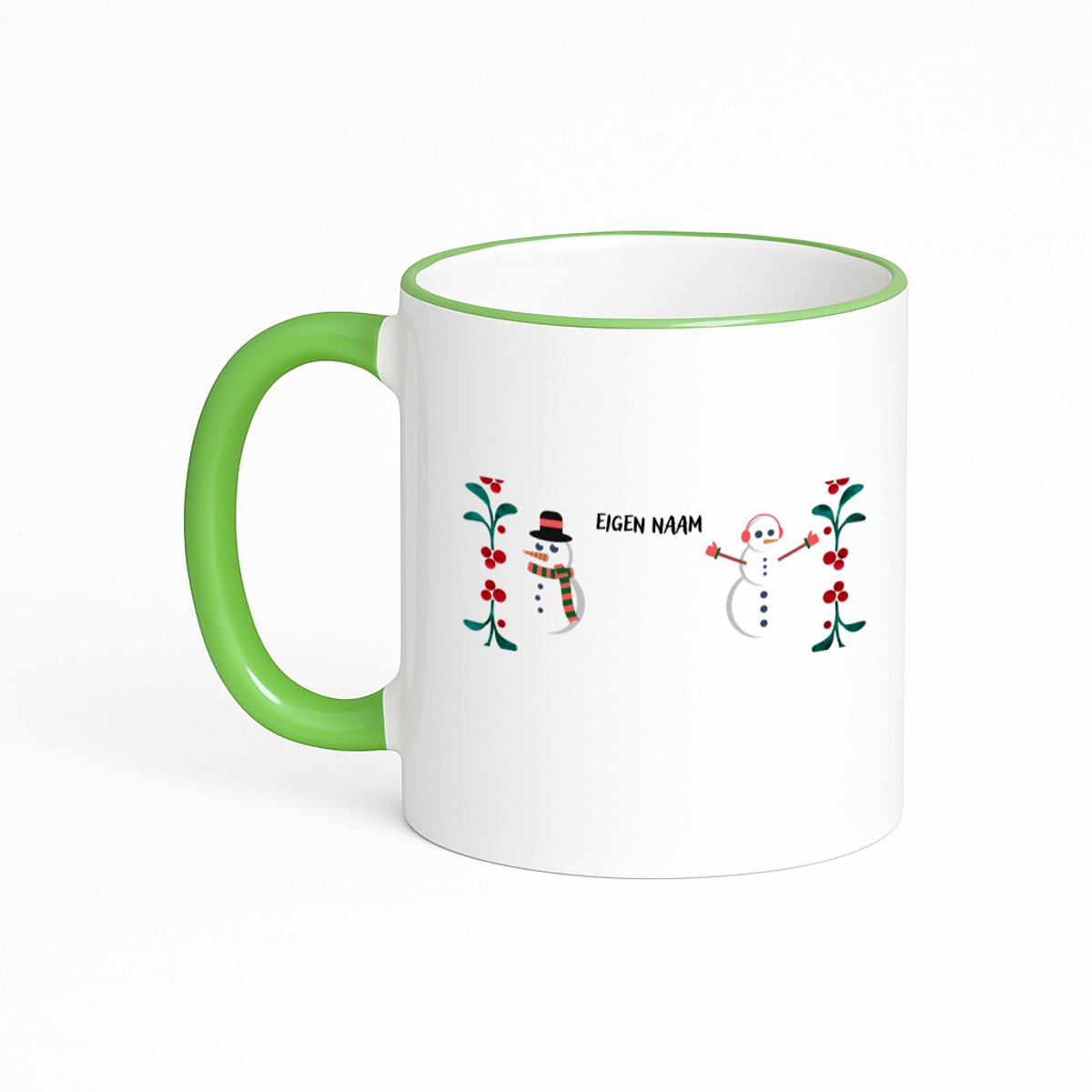 Hacebo® - Kerst sneeuwpoppen met eigen naam koffiebeker met gekleurde rand groen - Kerstmis - Kerst beker - thee mok - koffie beker - winter - kerst - christmas - kerst cadeau - koffiemok - 330 ML