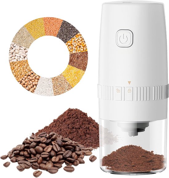 Koffiemolen-koffiemolen electrisch-kruidenmolen-elektrische koffiemolen - Draagbare zout- en pepermolen - Instelbare grofheid, Automatische USB oplaadbare koffiemolen voor keuken, grill en restaurant - Wit - 19x8 cm