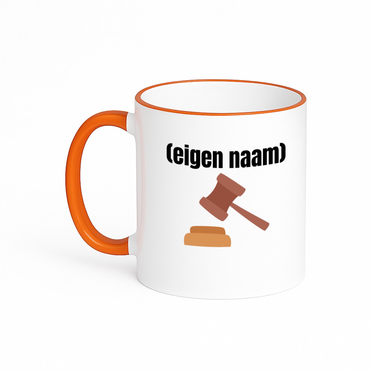 Hacebo® - rechter met hamer koffiebeker met gekleurde rand oranje - Advocaat - iemand die rechter is - thee mok - koffie beker - met eigen naam - leuk cadeau voor iemand die rechter is - cadeau - kado - koffiemok - 330 ML