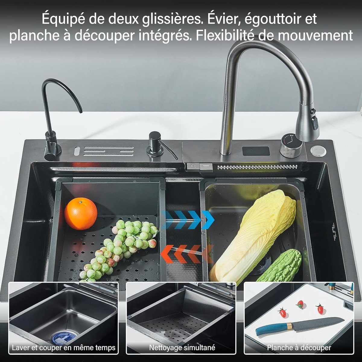 Keukenspoelbak, digitale watervalspoelbak, roestvrijstalen spoelbak, met grijze trekkraan en snijplank, multifunctioneel, complete spoelbakaccessoires (75 x 45 cm)