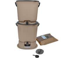 Skaza Bokashi Essential Bio Afvalbak Keukenset (2 x 15,3 liter) + Onderstel - Compostbak keuken en tuin van gerecycled plastic - Starterset + incl. 1 kg Fermentatiestarter - Cappuccino