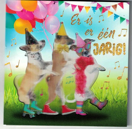 Wenskaart - muziekkaart - pop-out wenskaart - kaart met muziek - wenskaart met licht - wenskaart hologram - wenskaart dieren - verjaardag - van harte gefeliciteerd - - verjaardag kind - wenskaart 3D - honden - er is er een jarig