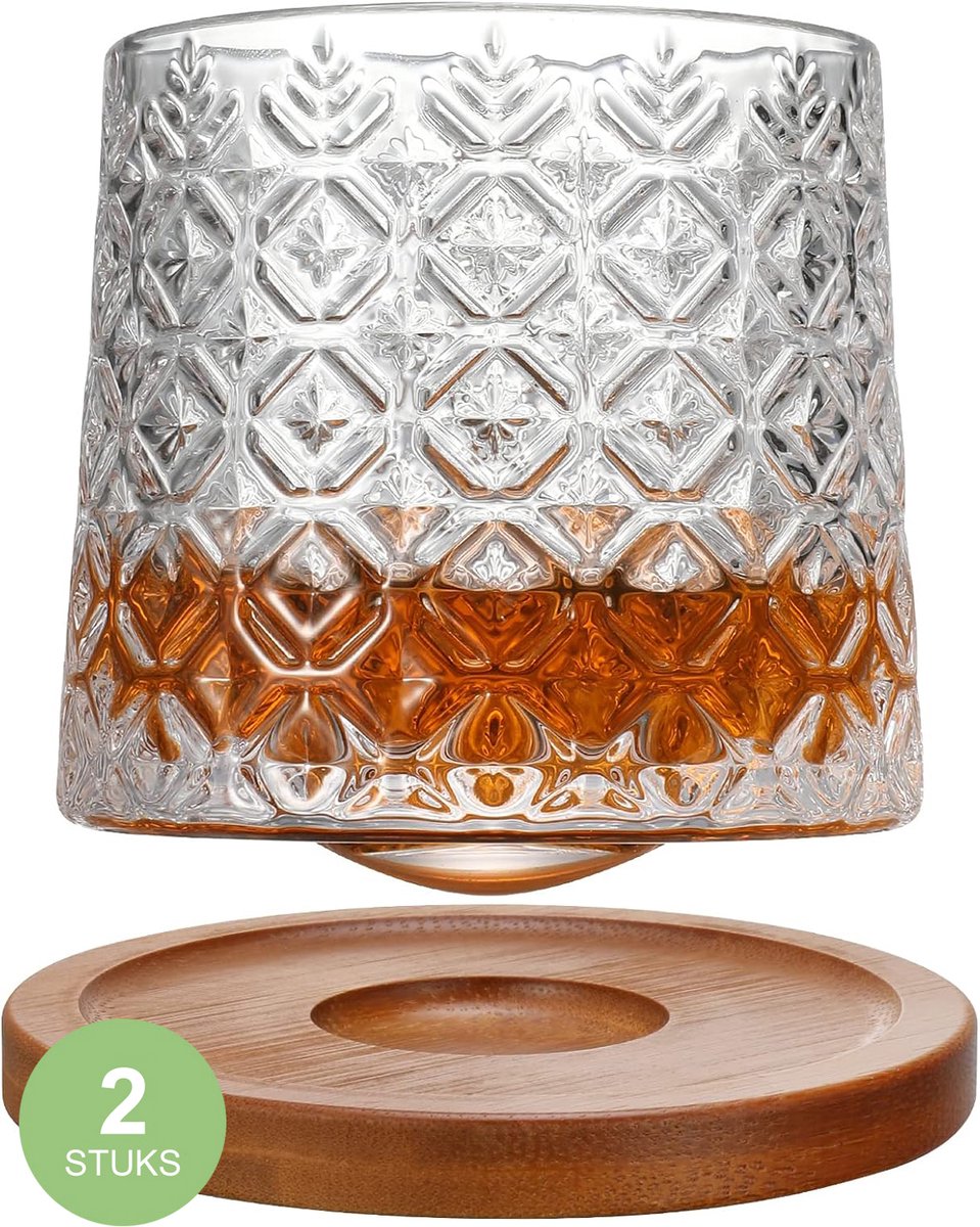 Uten Kristal Draaiende Whiskey Glazen – Whiskeyglazen - Whiskey glas - 2 stuks - 275 ml Glas - Glazen voor Alle Gebruiken - Incl twee onderzetters - (Transparant Model-A2 )