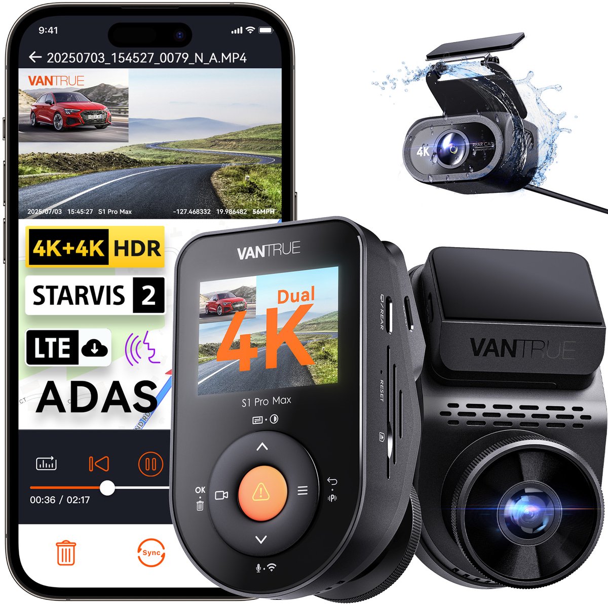 Vantrue S1 Pro Max 4K+4K Dashcam Voor- en Achterkant, Dual 2160P Dashcam met STARVIS 2 HDR PlatePix™ Nachtzicht, 5GHz WiFi, GPS-snelheid, 24/7 Parkeermodus, ADAS/BSD, Optionele LTE, Ondersteunt tot 1TB Max
