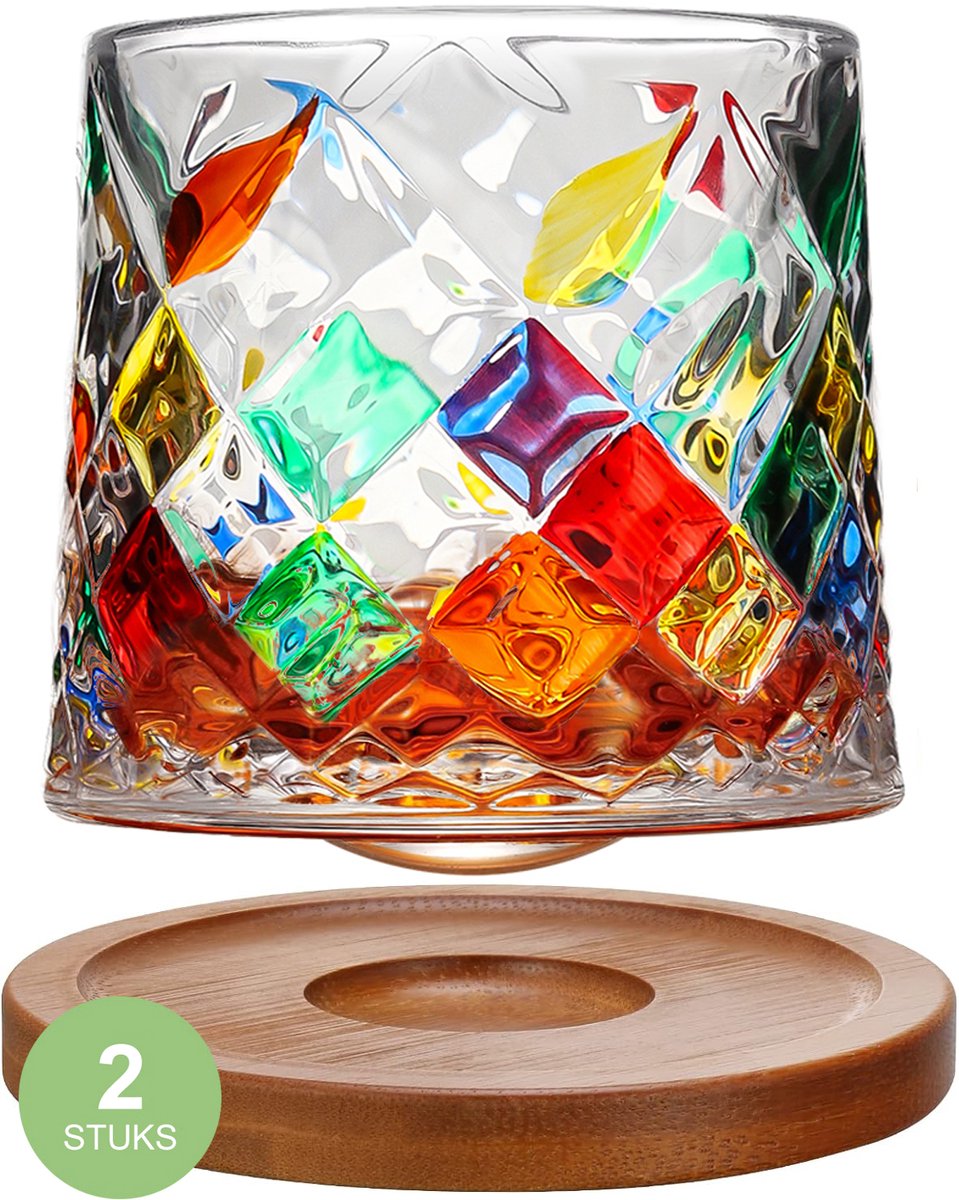 Uten Kristal Draaiende Whiskey Glazen – Whiskeyglazen - Whiskey glas - 2 stuks - 275 ml Glas - Glazen voor Alle Gebruiken - Incl twee onderzetters - (Multi Model-A1 )