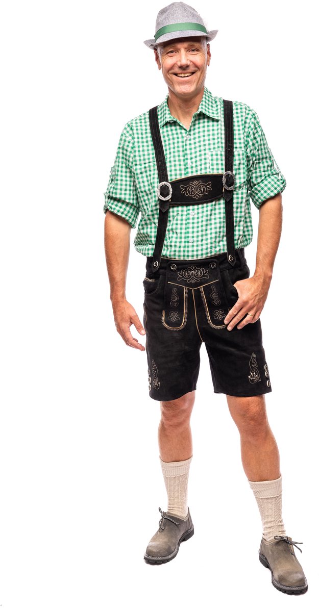 Samex® Lederhosen Man - Oktoberfest Kostuum Heren - Korte Lederhose - Koeienleer - Verkleedkleren mannen - Carnavalskleding - Zwart - Maat 48 (M)