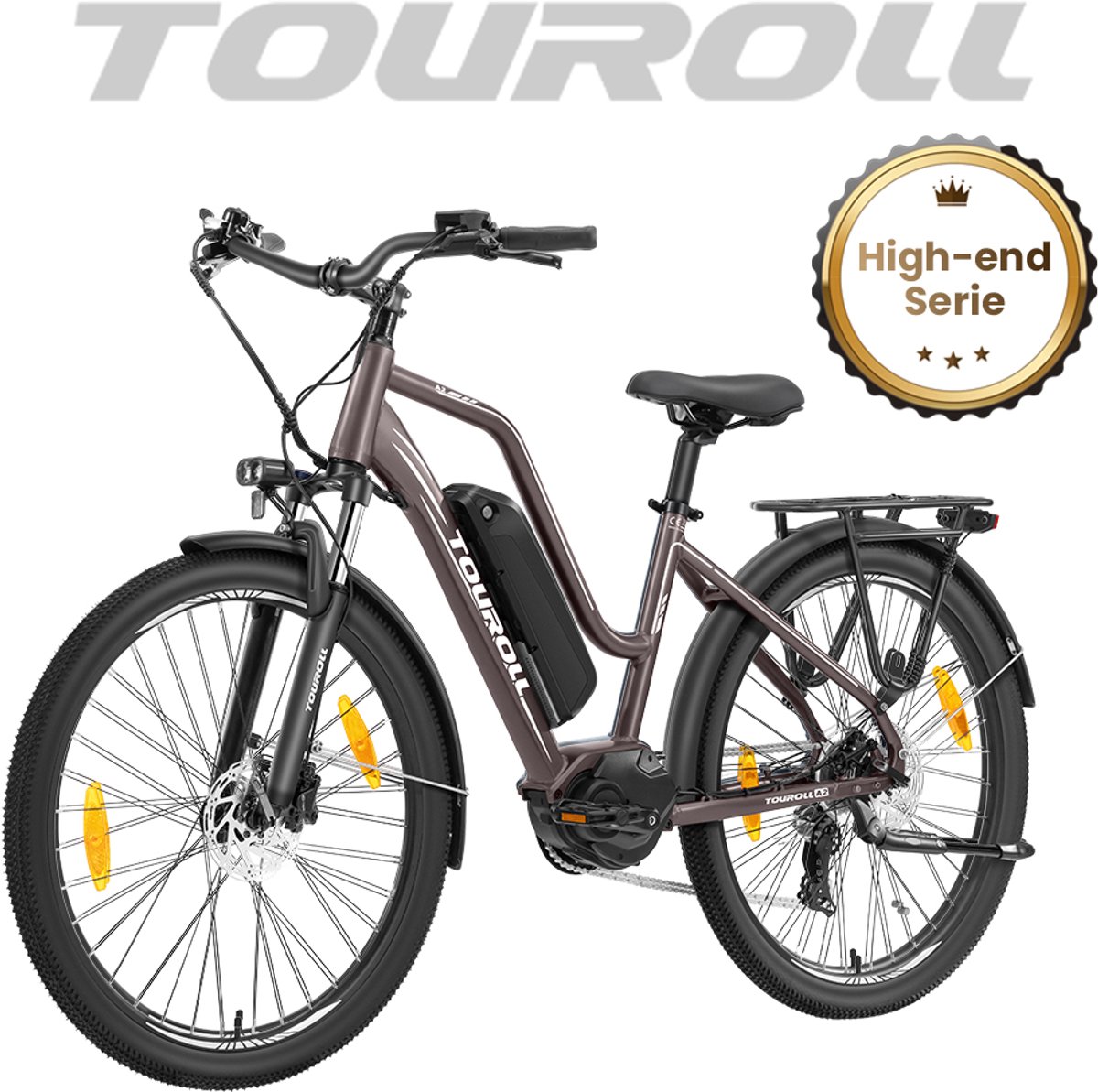 Touroll MA2 elektrische fiets, 250W middenmotor, 36V 13Ah accu, 27,5" banden, maximumsnelheid 25 km/u, maximaal bereik 100 km, hydraulische schijfrem, verende voorvork met lockout, Shimano 7-speed - Donkerbruin - Touroll - €749,00