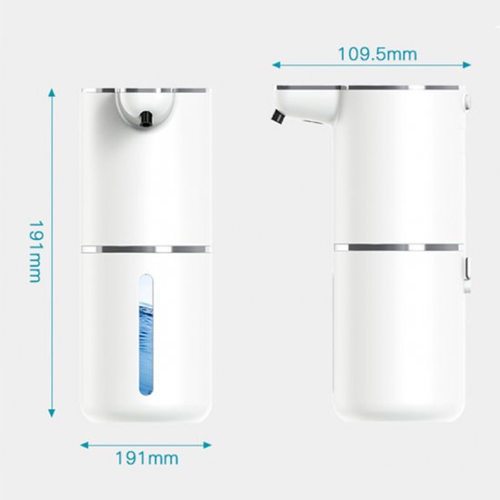 Witte automatische zeepdispenser met deksel en zilveren rand, afmetingen 191mm x 109.5mm.