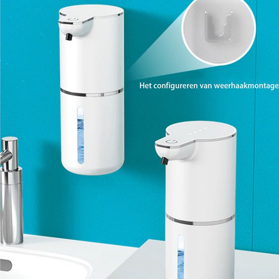 Witte automatische zeepdispenser met doorzichtige niveaumeter, zilveren band en verrekiezer voor wandmontage.
