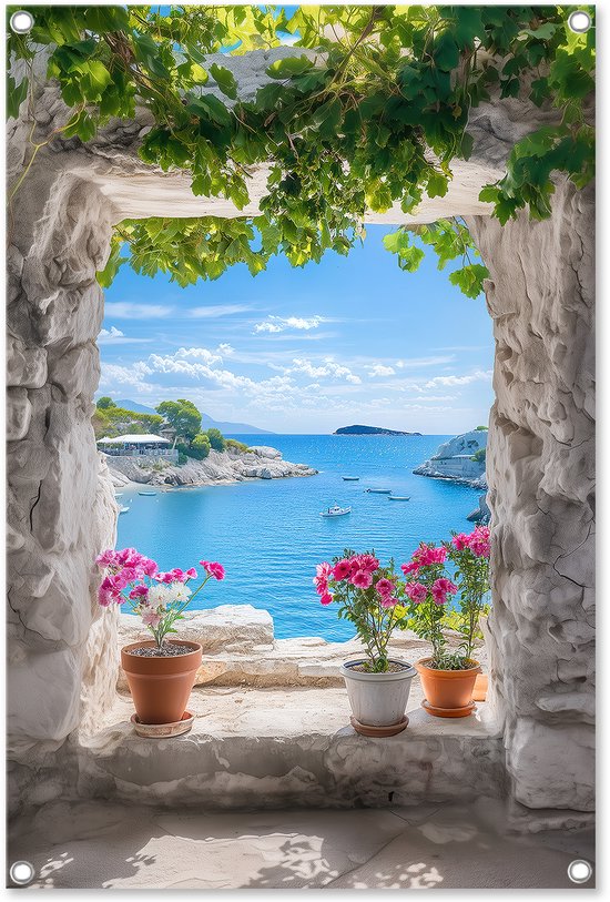 Graphic Message - Tuinposter inclusief Spanners - Doorkijkje naar Zee - Zomerse Wanddecoratie - Griekenland - Grieks - Bloemen Tuindecoratie - Natuur Muurdecoratie - Raam - Blauw - 100x150