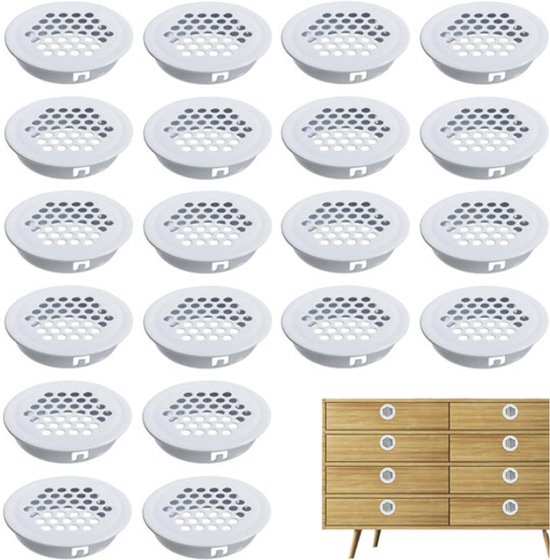Een close-up van 20 ronde witte ventilatieroosters met een patroon van kleine gaten en een afbeelding van een ladekast met de roosters erin.