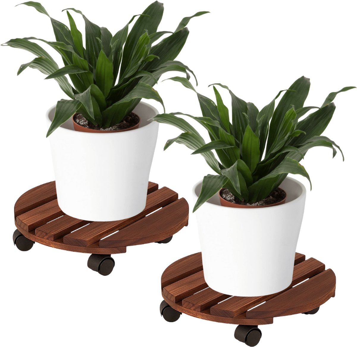 Lomera Houten Plantentrolley - Plantentrolley met Wieltjes - Rond 30 CM - 2 Stuks - Zwenkwielen met Rem - Bruine Plantentrolley - Houtkleur - Plantenroller - Plantenkar - Plantenstandaard - Verplaatsbare Plantenstandaard nvt