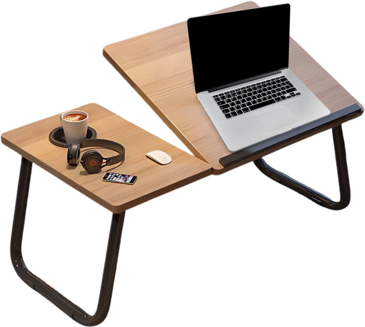 Lomera Verstelbare Laptoptafel - Bedtafel Verstelbaar - Laptoptafel Met Bekerhouder - Opklapbaar Onderstel - Anti-Slip Rubber - MDF Tafelblad - Metalen Frame - Walnoot Kleur - Laptoptafel Voor Op Bed - Ontbijttafel - Opvouwbare Laptoptafel nvt