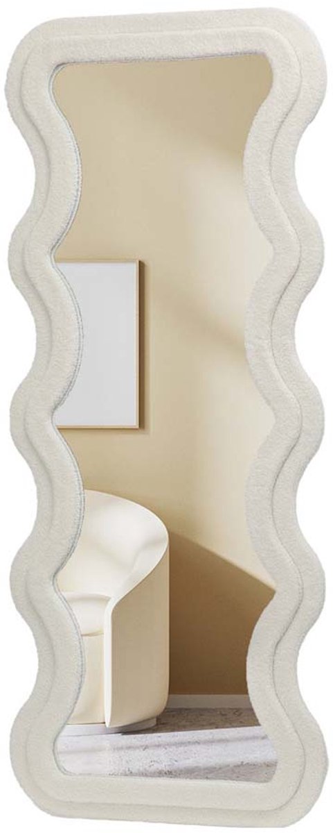 SERALUXE - Gestoffeerde Staande Spiegel - 160X60CM - TEDDY WIT - Wavy Passpiegel - Organische Vorm - Wandspiegel - Spiegel - Staande Spiegel - Golvende Spiegel - Modern