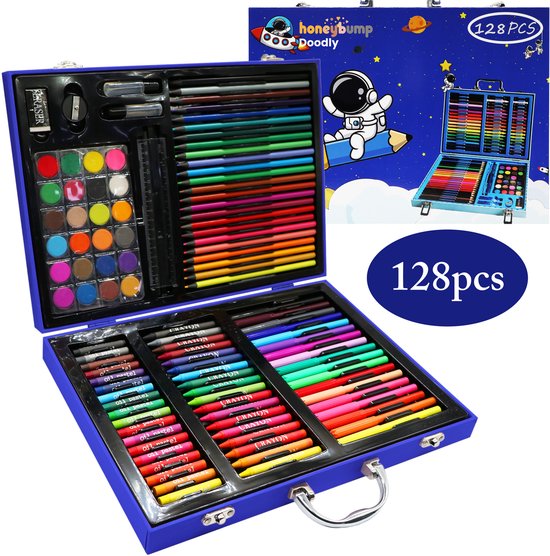 HoneyBump Doodly Astronaut - Tekendoos voor Kinderen 128pcs - Kleurkoffer - Kleuren & Tekenen - Inclusief Stiften, Kleurpotloden, Verf, en meer