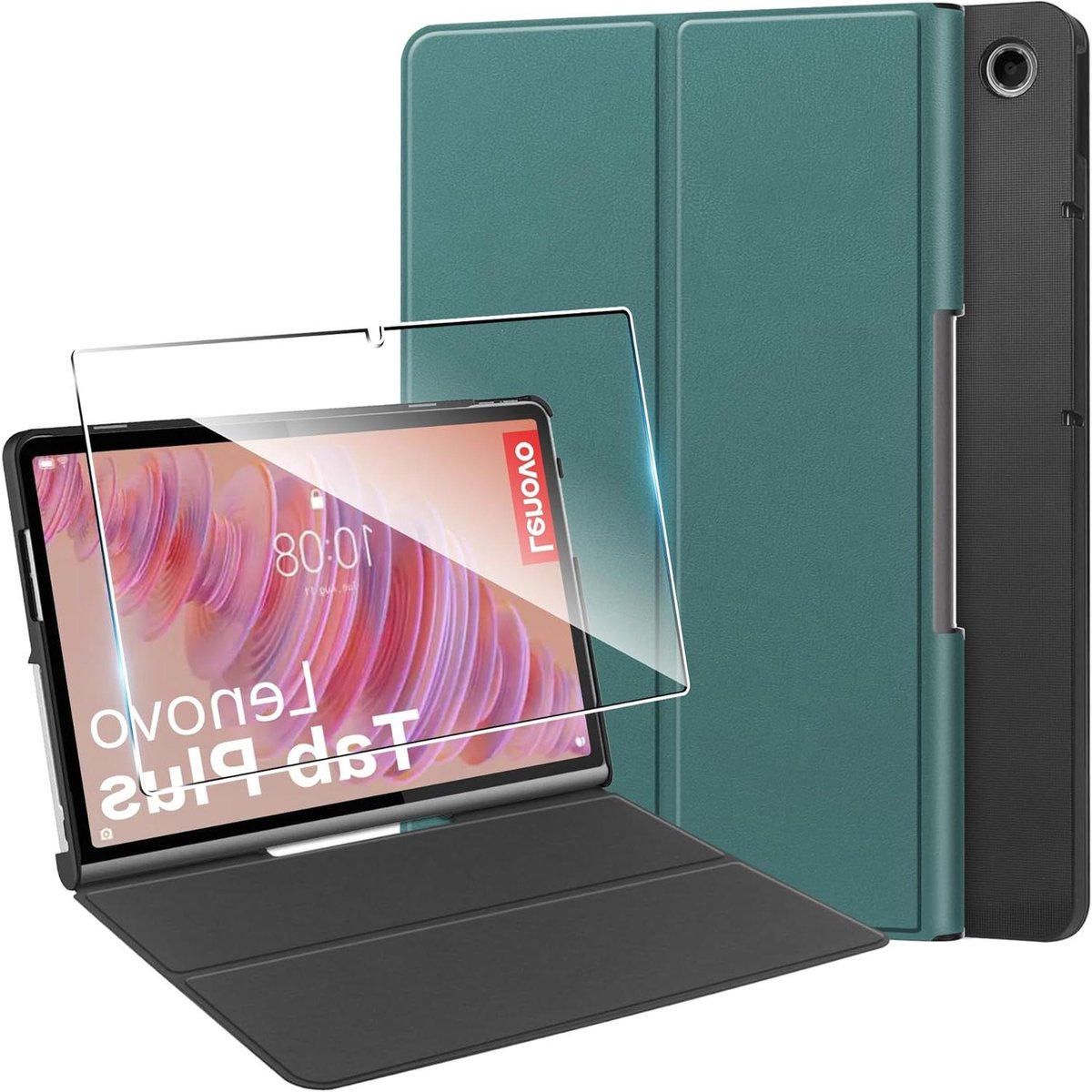 Beschermhoes geschikt voor Lenovo Tab Plus + 1 stuk gehard glas rubber beschermfolie - Groen, schokbestendig en krasbestendig