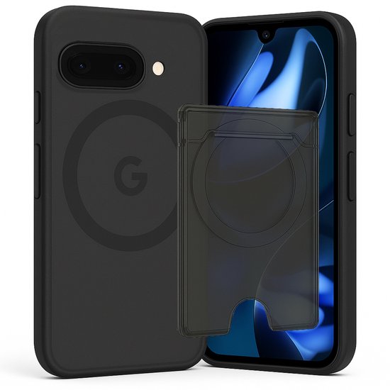 SnapSkin Hoesje & Pasjeshouder geschikt voor Google Pixel 9a - Geschikt voor MagSafe Case - Magnetische Kaarthouder - Semi-Transparant Zwart