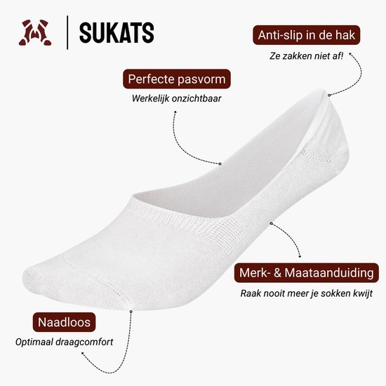 Witte onzichtbare Sukats sok met labels: anti-slip in de hak, perfecte pasvorm, merk- en maataanduiding, naadloos.