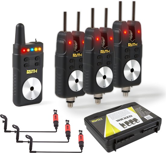 Set d'alarmes de Bite Faith Wicked | 3+1 - avec indicateurs - Kit de détecteurs de touche avec oscillateurs - Pêche à la carpe - Détecteurs de touche