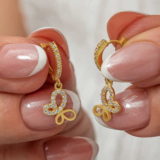 Boucles d'oreilles pendantes en argent sterling 925 – Papillon doré – Avec zircone – Handgemaakt – Bijoux pour femme