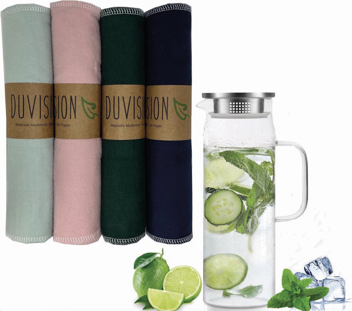 Duvision Cadeaupakket - Waterkan + Keukenrol - Duurzaam - Uniek - Vaatwasserbestendig - Herbruikbaar