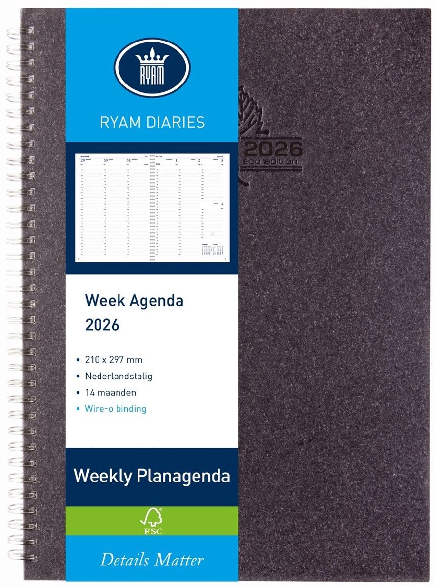 Ryam Weekly Wire-O Wit NL Eco - Agenda 2026 - A4 - Zwart - Spiraal - Hardcover
