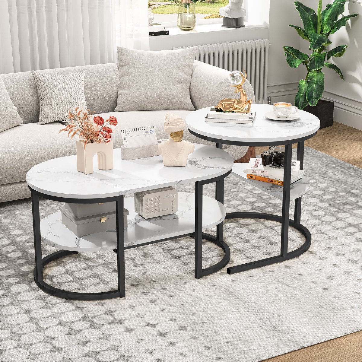 2-in-1 in elkaar passende salontafel, set van 2, moderne salontafel met marmerpatroon, ovale vorm, salontafel voor woonkamer, balkon en kantoor, bijzettafelset met metalen frame (wit + zwart)