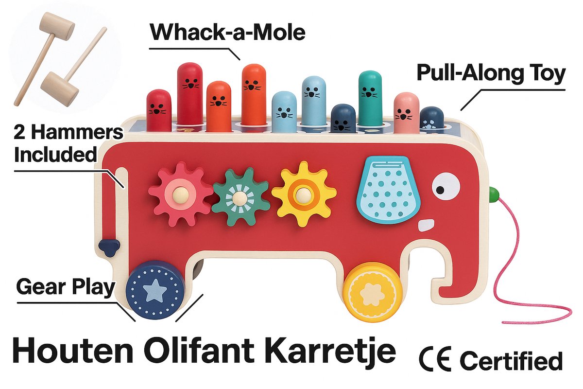 Houten Olifant Karretje – Educatief Muziek- en Motoriek Speelgoed (18 maanden+) – Whack-a-mole, Xylofoon & Trekkoord — afbeelding 5