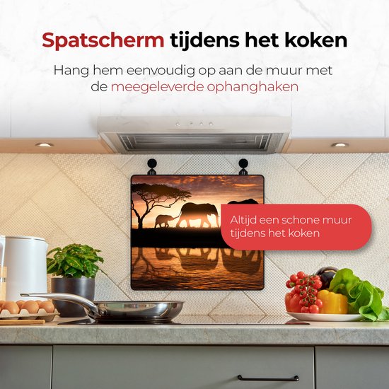 KitchyMist Inductie Beschermer 60x52 cm - Olifanten Familie in de Savanne bij Zonsondergang - Kookplaat Beschermer - Afdekplaat voor Kookplaat - Inductie Mat - Spatscherm Achterwand Keuken