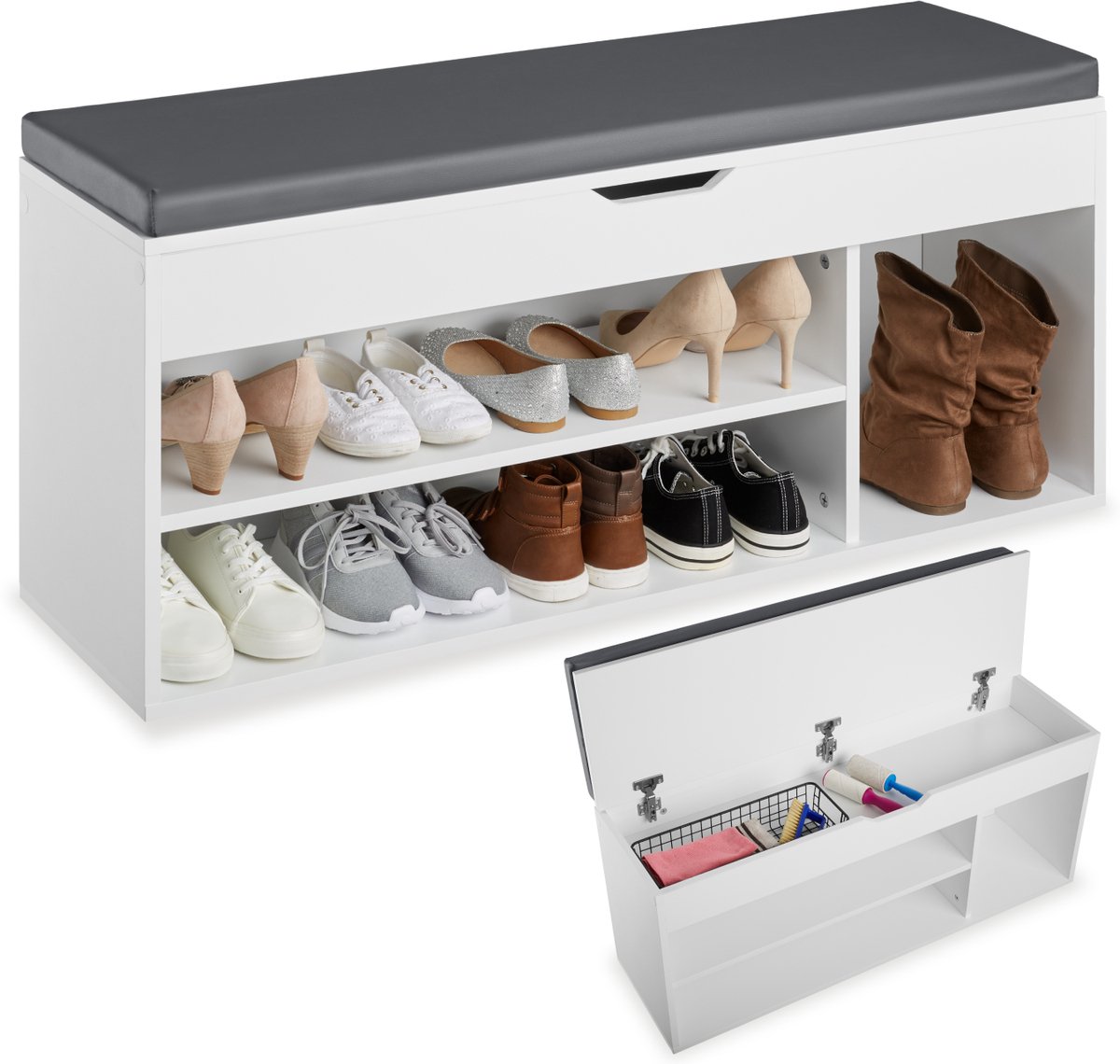 tectake® Schoenenbank met zitje - 3 open vakken en een opklapbaar vak met zitkussen - Schoenenrek met opbergruimte - Hout - Afmeting (LxBxH) 104 x 30 x 49 cm - Wit